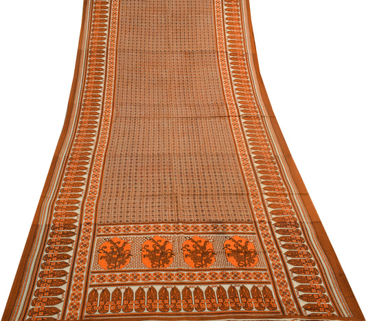 Sushila Vintage Brown Saree 100% Pure Cotton Printed Floral Soft Craft Fabric