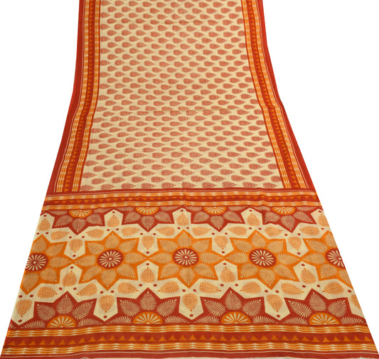 Sushila Vintage Cream Saree 100% Pure Cotton Floral Printed Soft Craft Fabric