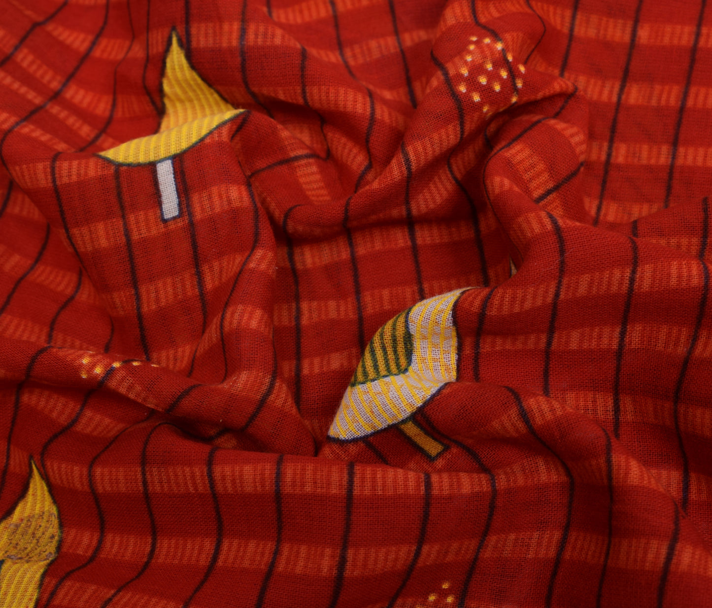 Sushila Vintage Red Saree 100% Pure Cotton Check Printed Soft Craft Fabric