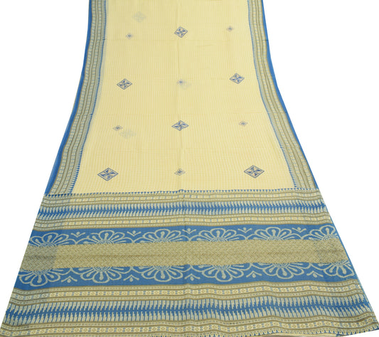 Sushila Vintage Cream Indian Saree 100% Pure Cotton Printed Check Craft Fabric