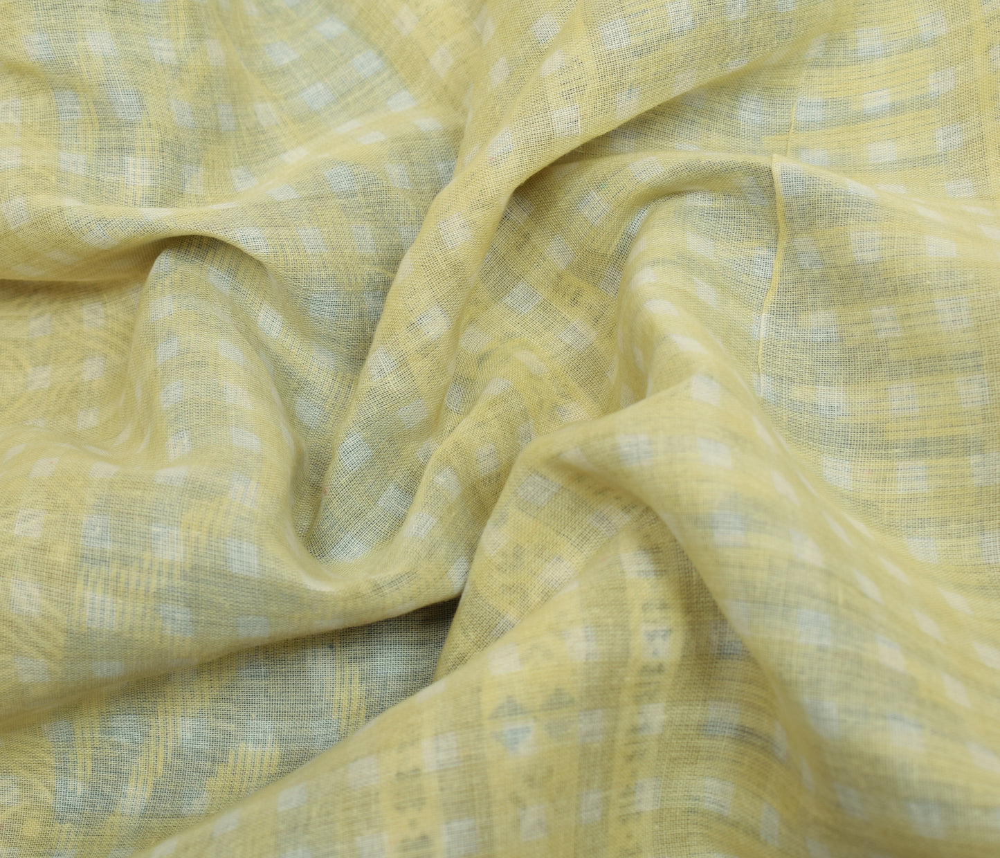 Sushila Vintage Cream Indian Saree 100% Pure Cotton Printed Check Craft Fabric