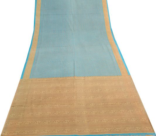Sushila Vintage Aqua Blue Saree Pure Cotton Printed Paisley Soft Craft Fabric