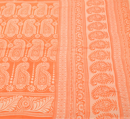 Sushila Vintage Saree 100% Pure Cotton Printed Orange Paisley Soft Craft Fabric