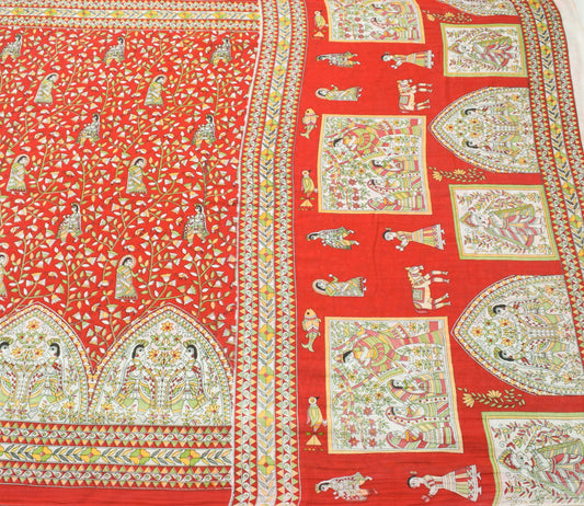 Sushila Vintage Red Saree 100% Pure Cotton Madhubani Printed Soft Craft Fabric
