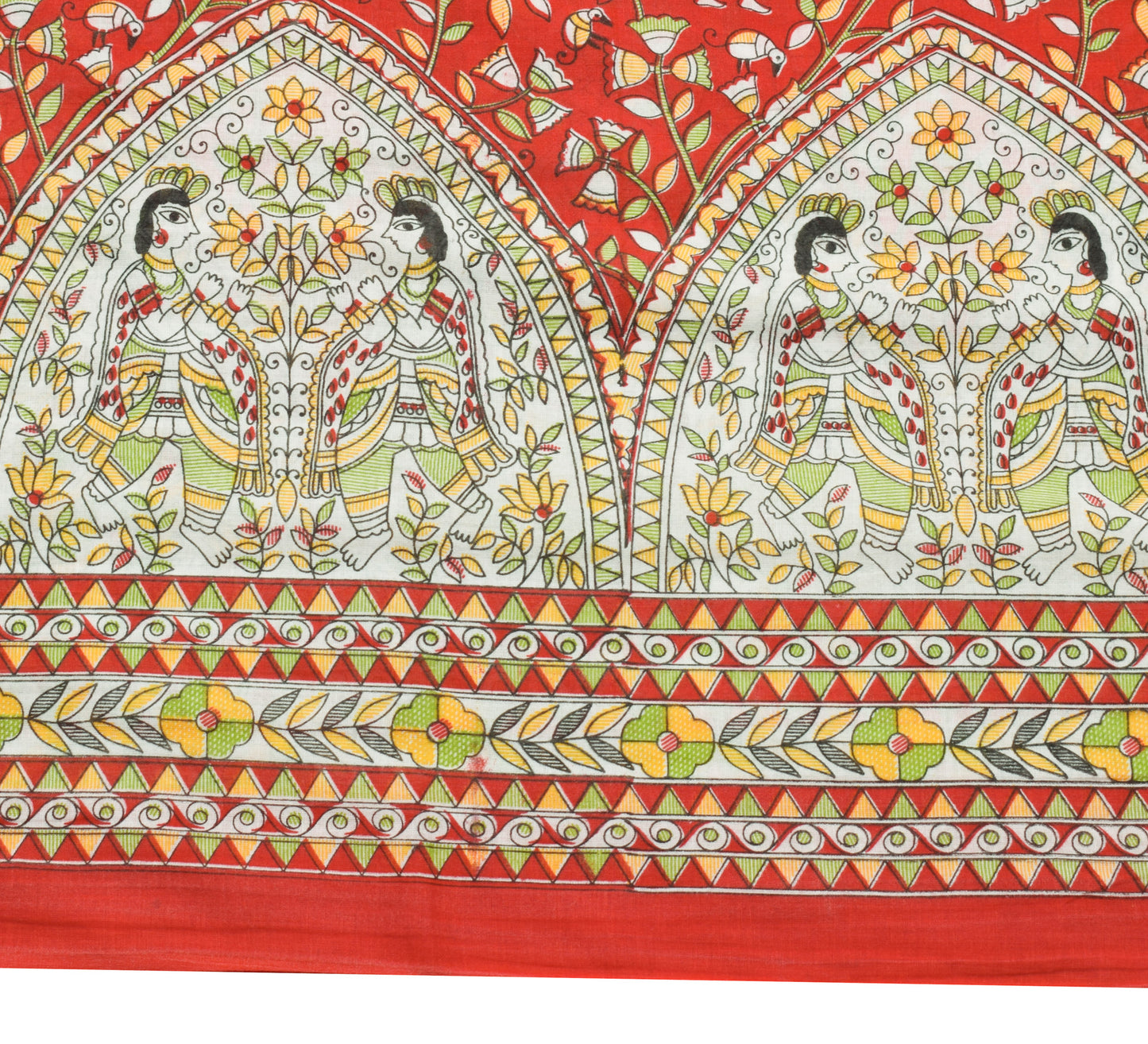 Sushila Vintage Red Saree 100% Pure Cotton Madhubani Printed Soft Craft Fabric