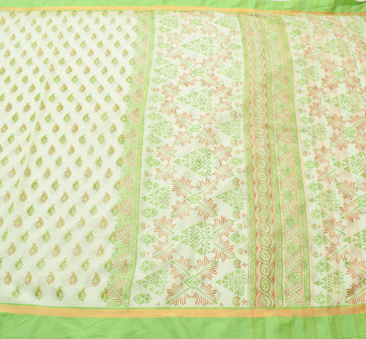 Sushila Vintage Greenish White Saree Pure Cotton Printed Paisley Craft Fabric