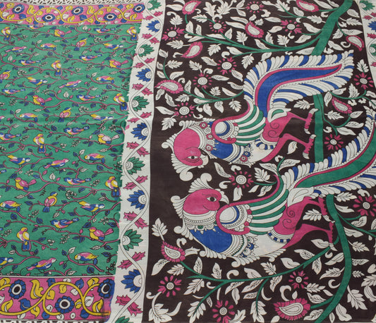 Sushila Vintage Green Saree 100% Pure Cotton Kalamkari Printed Soft Craft Fabric