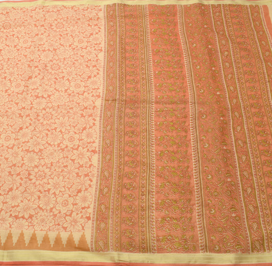 Sushila Vintage Peach Floral Indian Saree Blend Cotton Printed 5 YD Craft Fabric