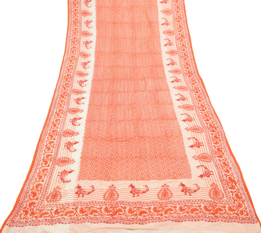 Sushila Vintage Orange Saree 100% Pure Cotton Hand Block Printed Soft Fabric