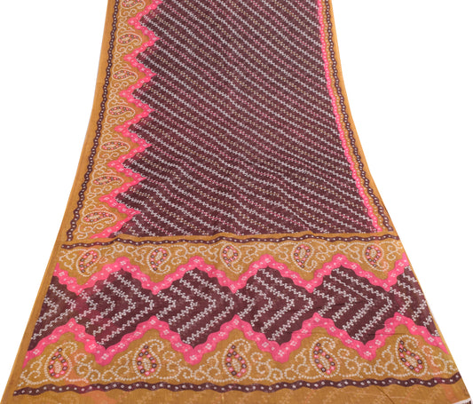 Sushila Vintage Saree 100% Pure Cotton Dark Brown Bandhani Printed Craft Fabric