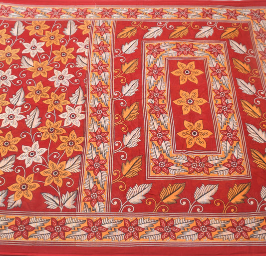 Sushila Vintage Saree 100% Pure Cotton Printed Red Floral Soft Craft Fabric