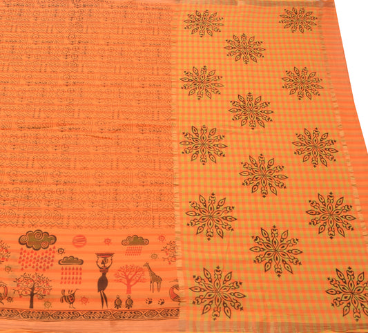 Sushila Vintage Orange Saree 100% Pure Cotton Warli Printed Soft Craft Fabric