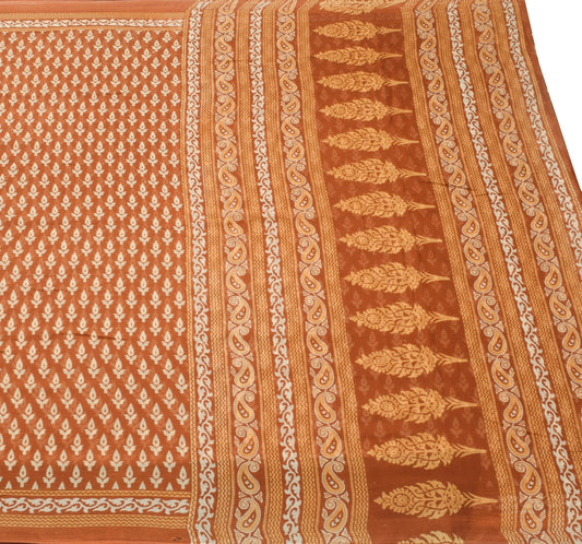 Sushila Vintage Brown Floral Saree 100% Pure Cotton Printed Soft Craft Fabric