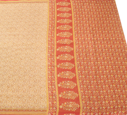 Sushila Vintage Cream Women Saree 100% Pure Cotton Printed Floral Craft Fabric