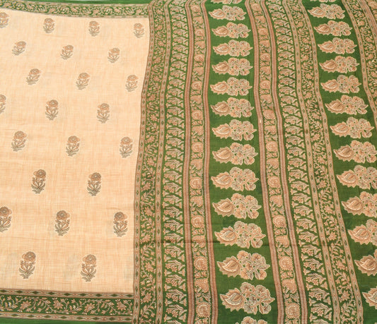 Sushila Vintage Brown Saree 100% Pure Cotton Printed Soft Craft Floral Fabric