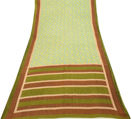 Sushila Vintage Saree 100% Pure Cotton Printed Green Floral Soft Craft Fabric