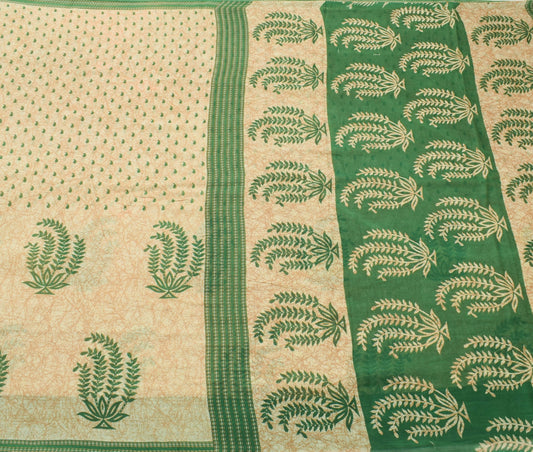 Sushila Vintage Cream Saree 100% Pure Cotton Printed Paisley Soft Craft Fabric