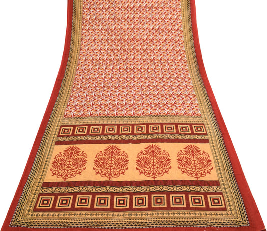Sushila Vintage Red Saree 100% Pure Cotton Geometrical Printed Soft Craft Fabric