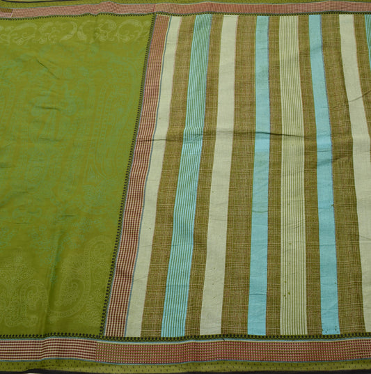 Sushila Vintage Henna Green Saree 100% Pure Cotton Hand Printed Paisley Fabric