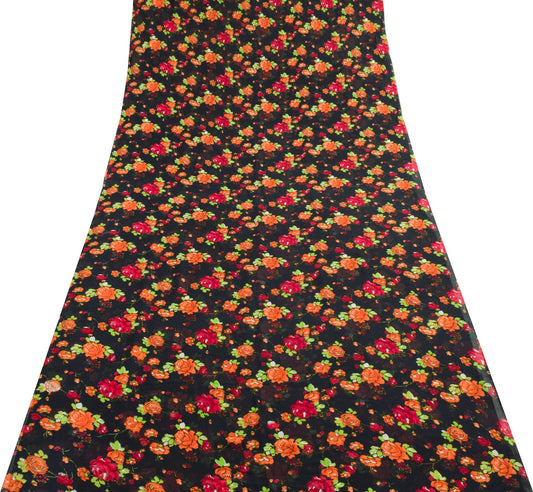 Sushila Vintage Black Floral Saree 100% Pure Georgette Silk Printed Craft Fabric