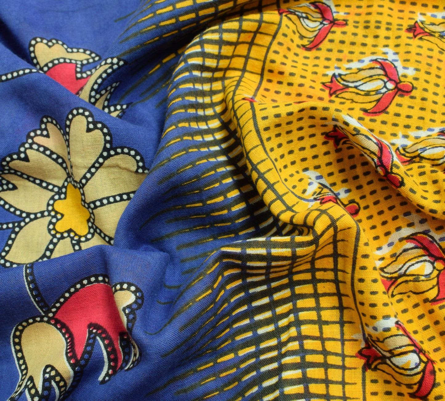 Sushila Vintage Blue Yellow Saree 100% Pure Cotton Floral Printed Craft Fabric