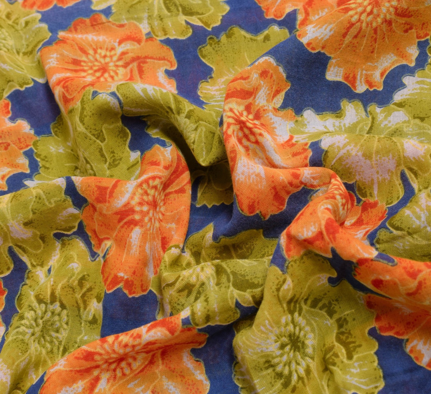 Sushila Vintage Saree 100% Pure Cotton Printed Blue Floral Soft Craft Fabric