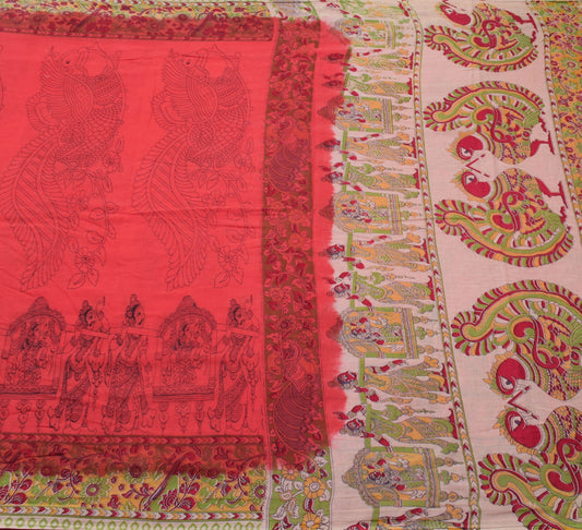 Sushila Vintage Saree 100% Pure Cotton Red Kalamkari Printed Soft Craft Fabric