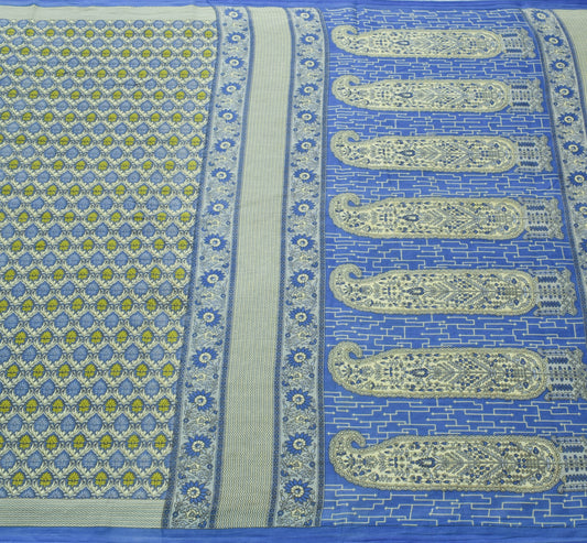 Sushila Vintage Blue Cream Floral Saree 100% Pure Cotton Printed Craft Fabric