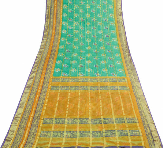 Sushila Vintage Elephant Birds Ikat Design Aqua Green Pure Cotton Saree Fabric