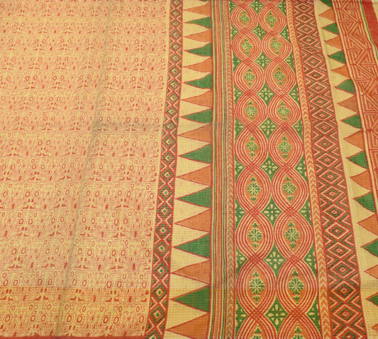 Sushila Vintage Cream Indian Saree 100%Pure Cotton Supernet Printed Craft Fabric