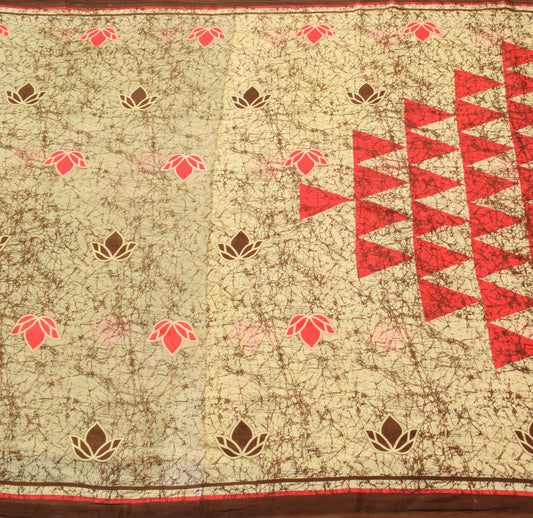 Sushila Vintage Cream Saree 100% Pure Cotton Printed Indian Soft Craft Fabric