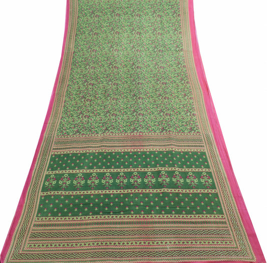 Sushila Vintage Dark Green Floral Saree Pure Cotton Printed Soft Craft Fabric