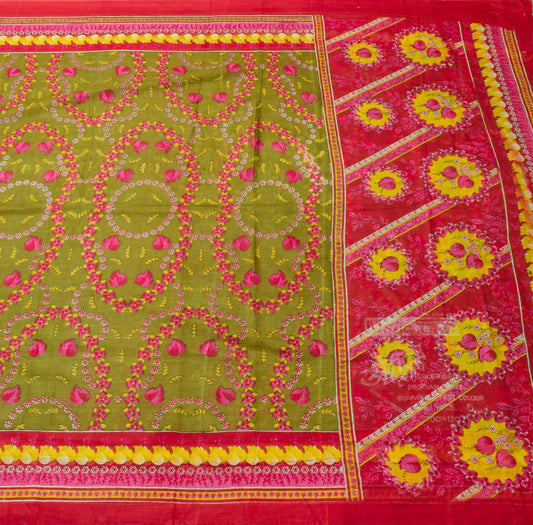 Sushila Vintage Henna Green Saree 100% Pure Cotton Printed Floral Craft Fabric