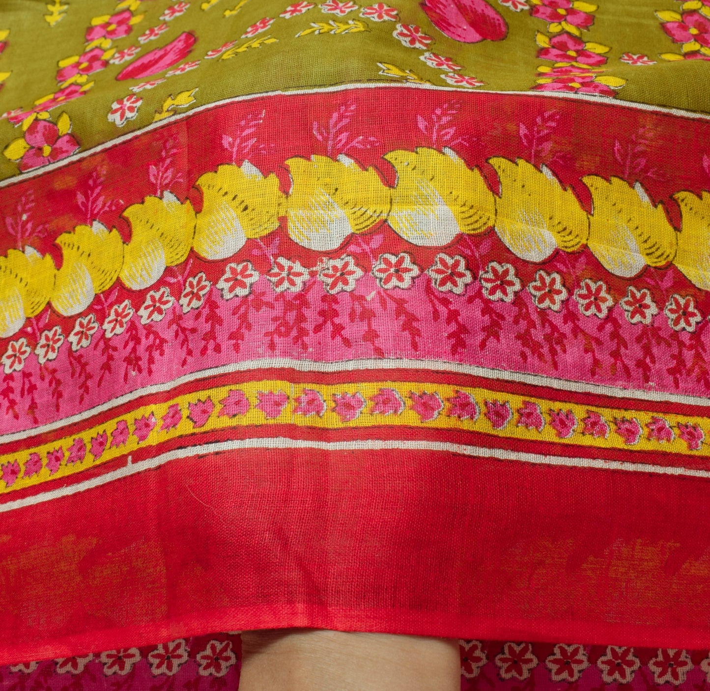 Sushila Vintage Henna Green Saree 100% Pure Cotton Printed Floral Craft Fabric