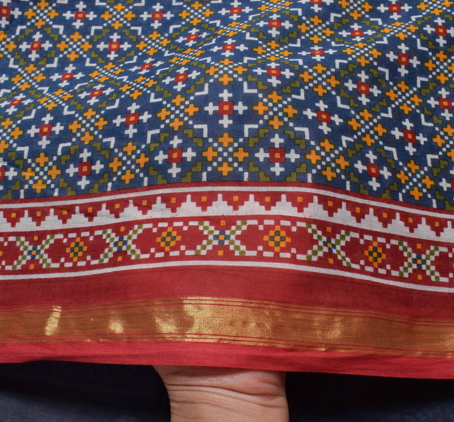 Sushila Vintage Saree 100%Pure Cotton Blue Geometrical Printed Soft Craft Fabric