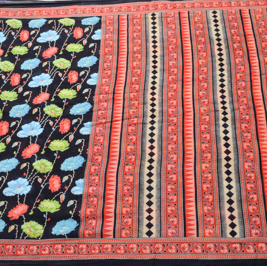 Sushila Vintage Floral Black Saree 100% Pure Cotton Printed Soft Craft Fabric