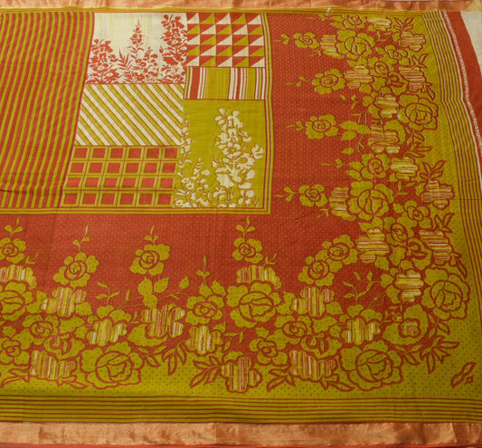 Sushila Vintage Green Rust Saree 100% Pure Cotton Floral Printed Craft Fabric
