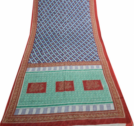 Sushila Vintage Blue Woven Saree 100% Pure Cotton Birds Printed Craft Fabric