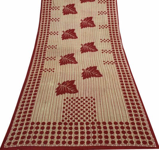 Sushila Vintage Cream Saree Pure Cotton Stripes Polka Dot Printed Craft Fabric