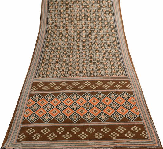 Sushila Vintage Brown Saree 100%Pure Cotton Printed Daily Wear Soft Craft Fabric