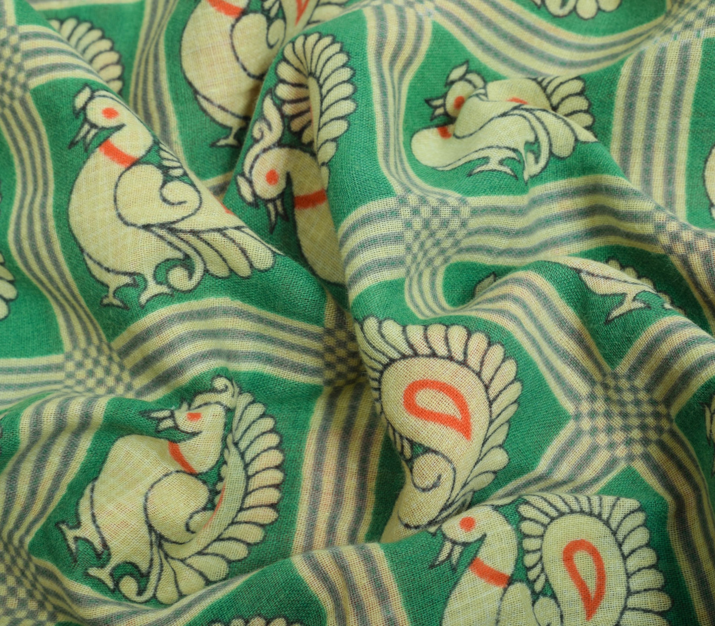 Sushila Vintage Green Saree 100% Pure Cotton Peacock Printed Soft Craft Fabric