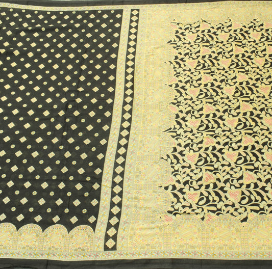 Sushila Vintage Black Saree Pure Cotton Madhubani Printed Soft Craft Fabric