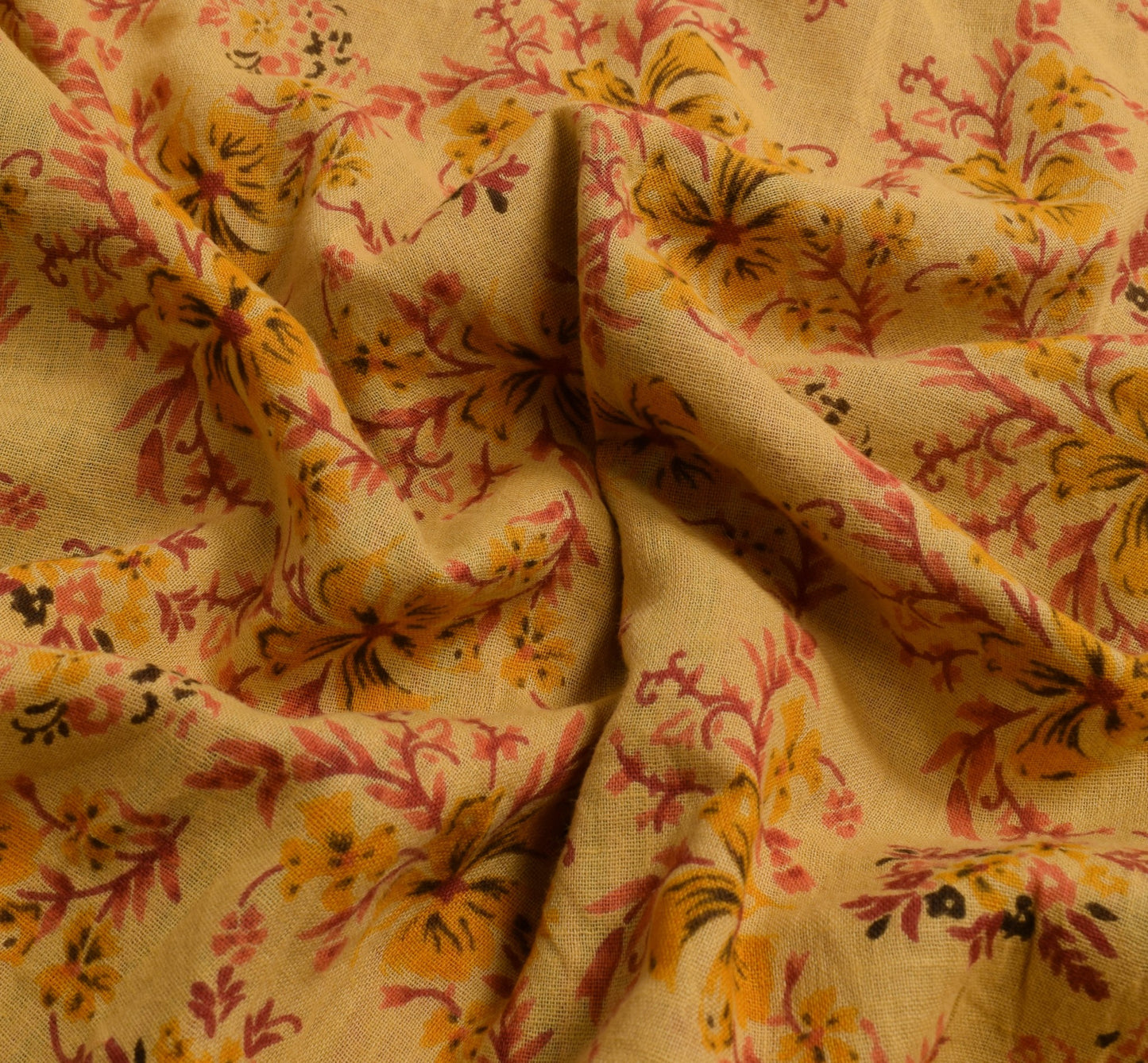 Sushila Vintage Saree 100% Pure Cotton Printed Floral Yellow Soft Craft Fabric
