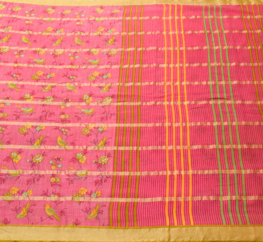 Sushila Vintage Pink Women Saree 100%Pure Cotton Birds Printed Soft Craft Fabric
