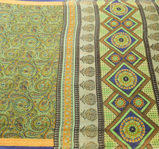 Sushila Vintage Green Saree 100% Pure Cotton Printed Paisley Soft Craft Fabric
