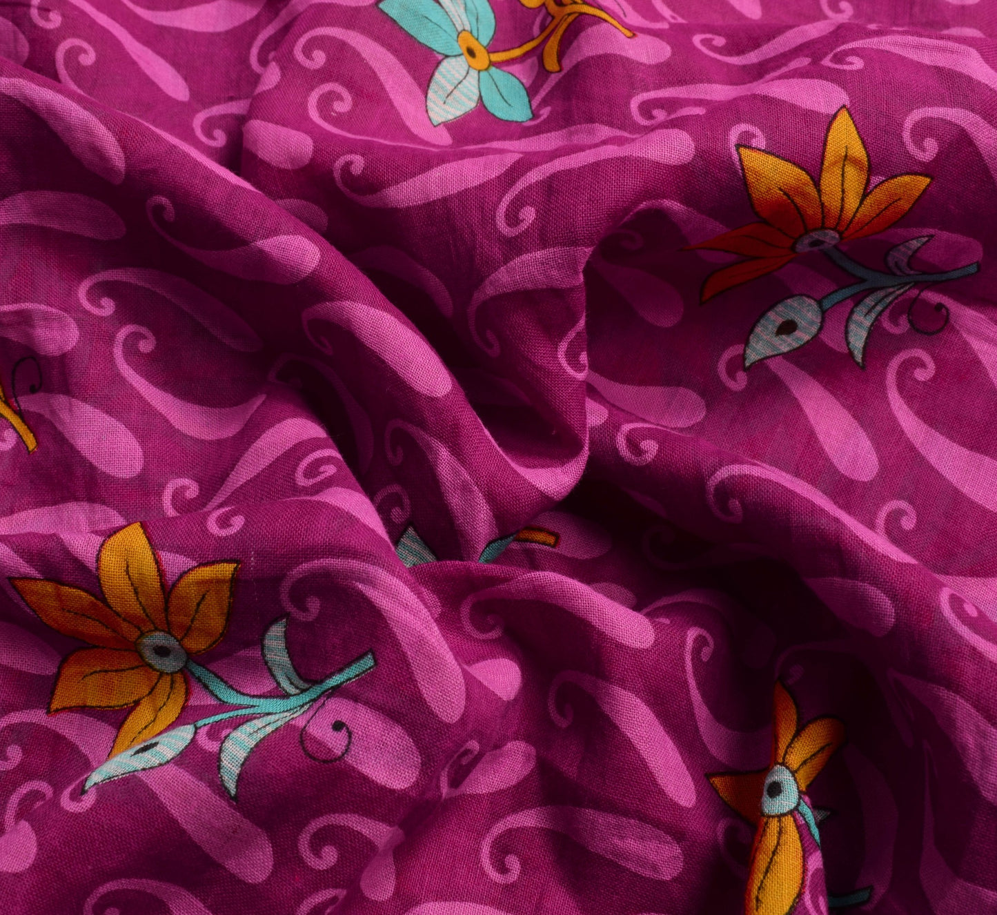 Sushila Vintage Dark Magenta Paisley Saree 100% Pure Cotton Printed Craft Fabric