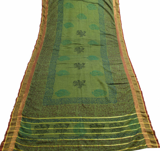 Sushila Vintage Green Saree 100% Pure Cotton Hand Block Printed Craft Fabric