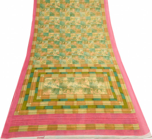 Sushila Vintage Indian Saree 100% Pure Cotton Printed Green Soft Craft Fabric