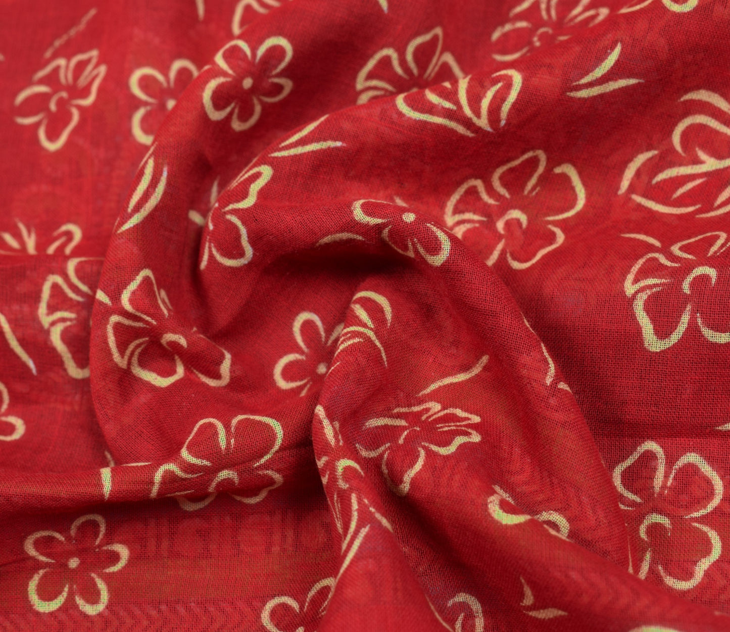 Sushila Vintage Red Saree 100% Pure Cotton Floral Printed Sari Soft Craft Fabric