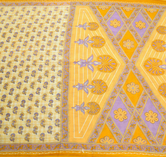 Sushila Vintage Saree 100% Pure Cotton Cream Floral Printed Soft Craft Fabric